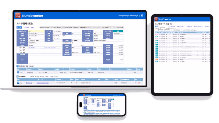 idd TRAVEL workerの予約カルテ照会画面をノートパソコン、タブレット、スマートフォンに表示したイメージ