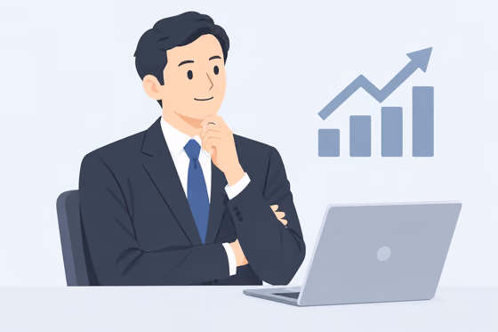 経営者がノートパソコンで業績の推移を確認しているイラスト