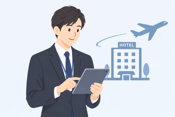 現場担当がタブレットでホテルや航空の手配内容を確認しているイラスト